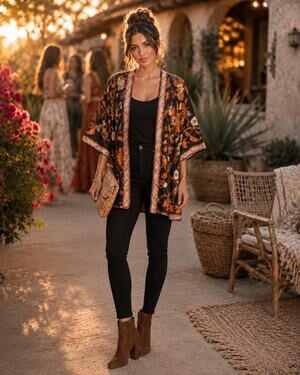 100% Silk Floral Kimono Jacket Boho Open Front Festival Layering M/L Resort Chic